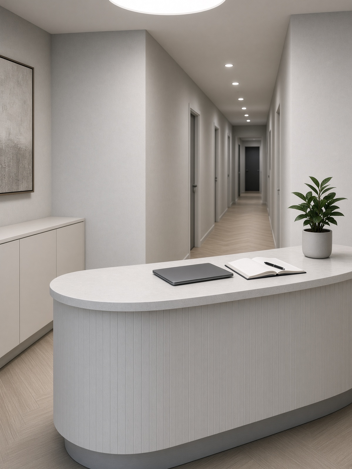 Private clinic reception desk, empty, London