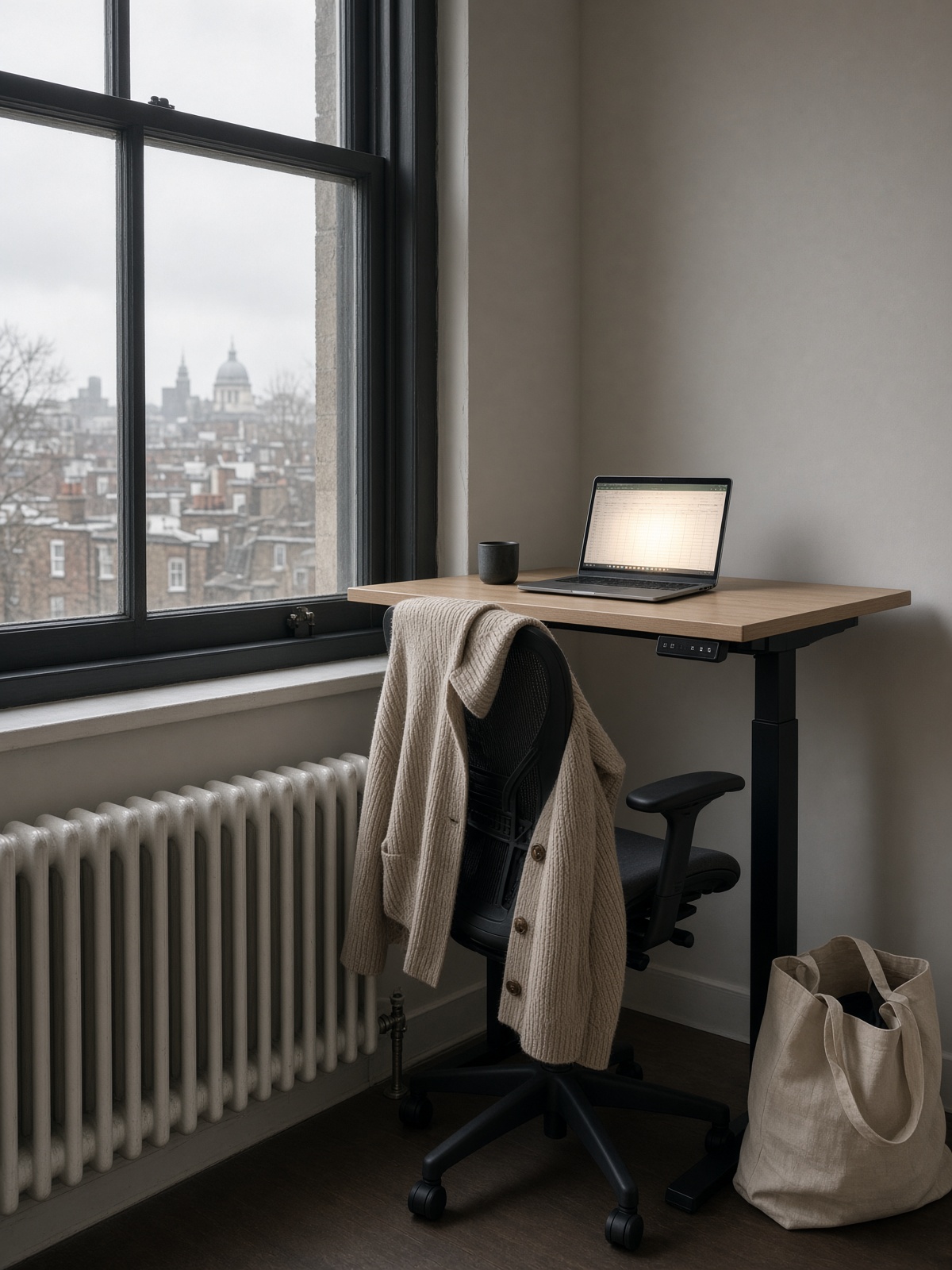 London standing desk — laptop, grey window, empty chair