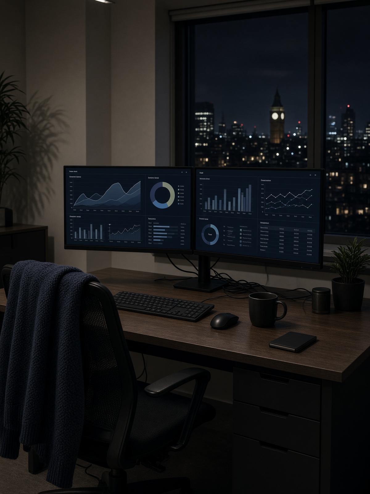 London product desk — two monitors, empty chair