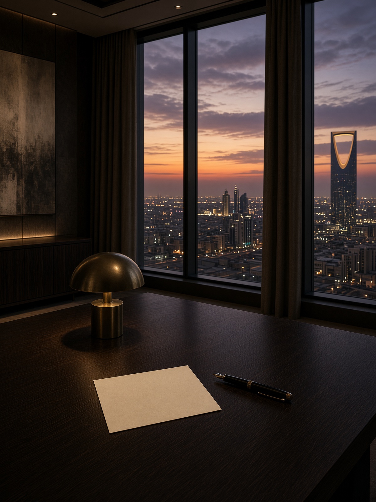 Riyadh meeting room at dusk — invitation, pen, city lights