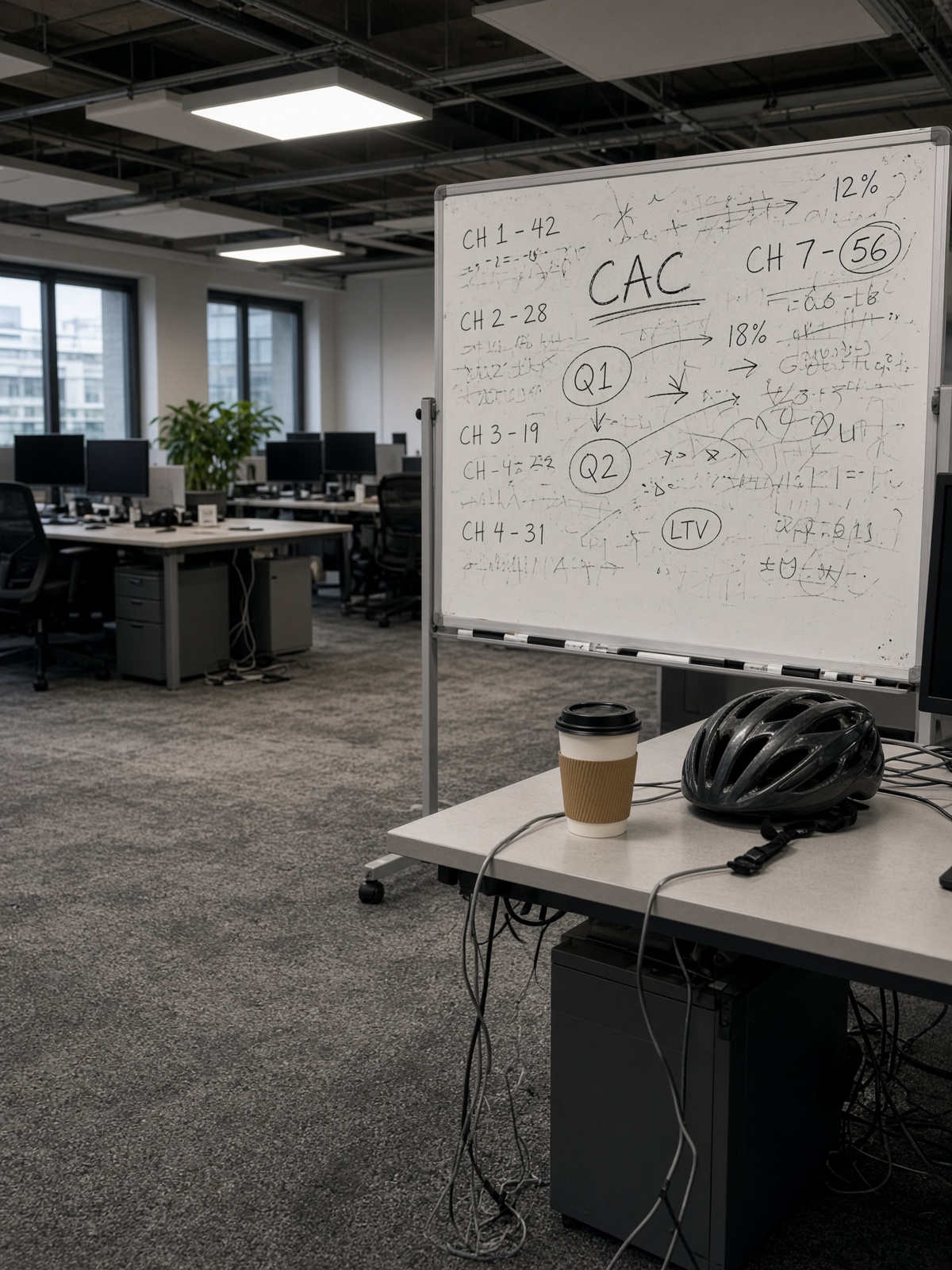 London media office — whiteboard, coffee, empty desk