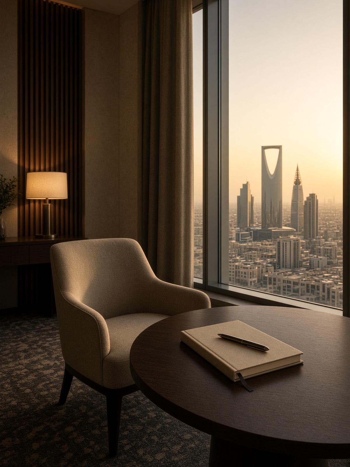 Riyadh lounge at late afternoon — notebook, city window