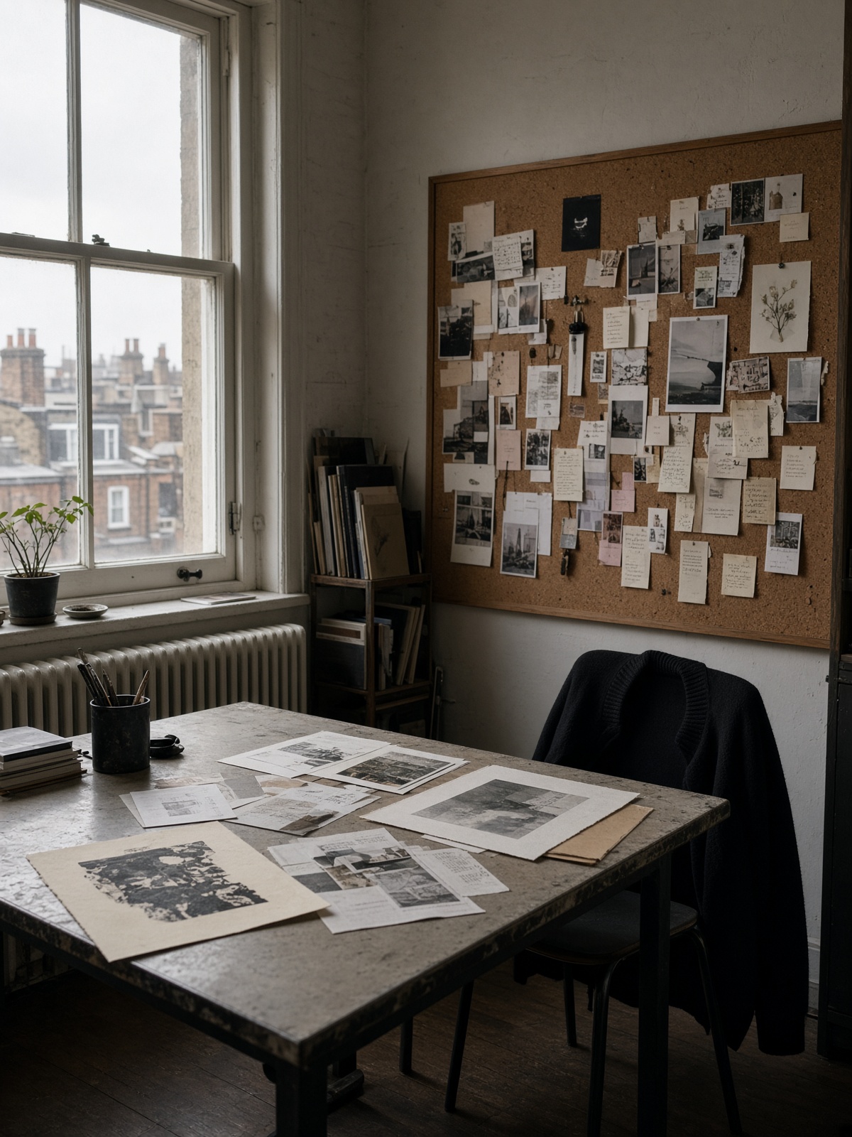 London creative studio — pinboard, prints, empty chair