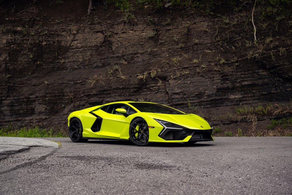 Lime Lamborghini Revuelto, three-quarter front on tarmac