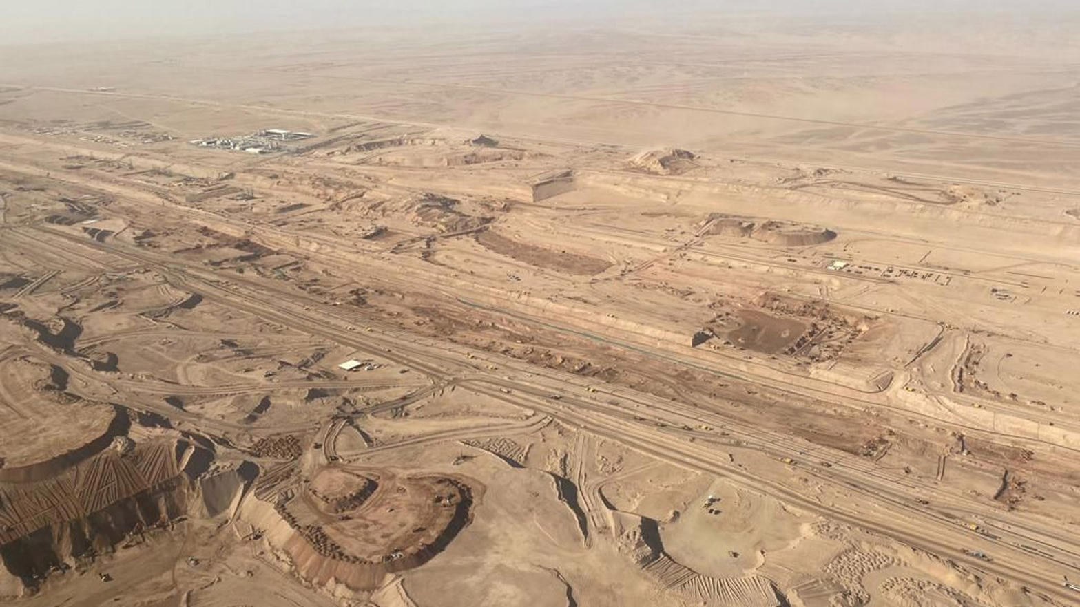 Aerial of THE LINE earthworks in the NEOM desert